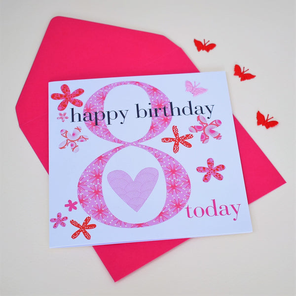 Birthday Card, Age 8 Girl, Happy 8th Birthday, fabric butterfly embellished