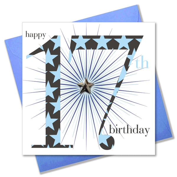 Birthday Card, Age 17 Boy, Happy 17th Birthday, Embellished with a padded star