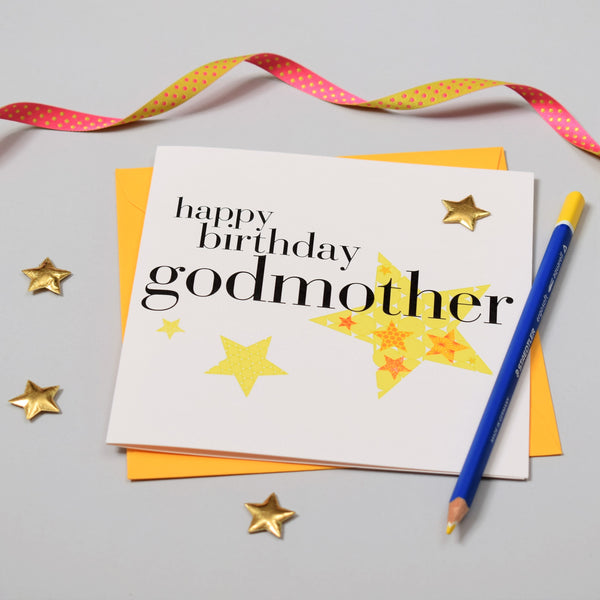 Birthday Card, Godmother, Yellow Stars, Embellished with a padded star