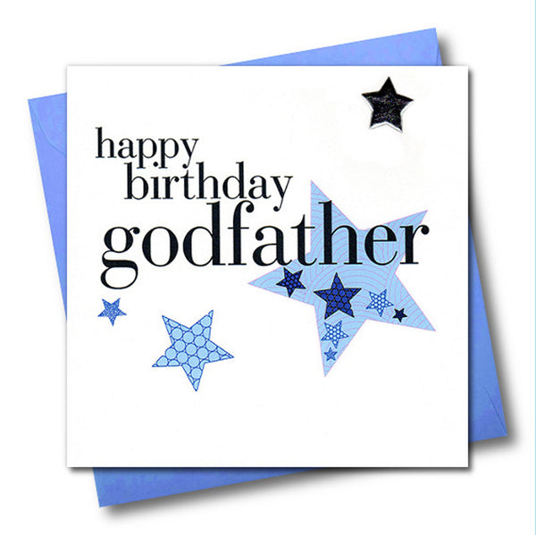 Birthday Card, Godfather, Blue Stars, Embellished with a padded star