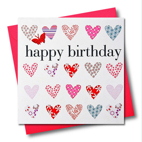 Birthday Card, Pink Hearts, happy birthday, embellished with a fabric butterfly