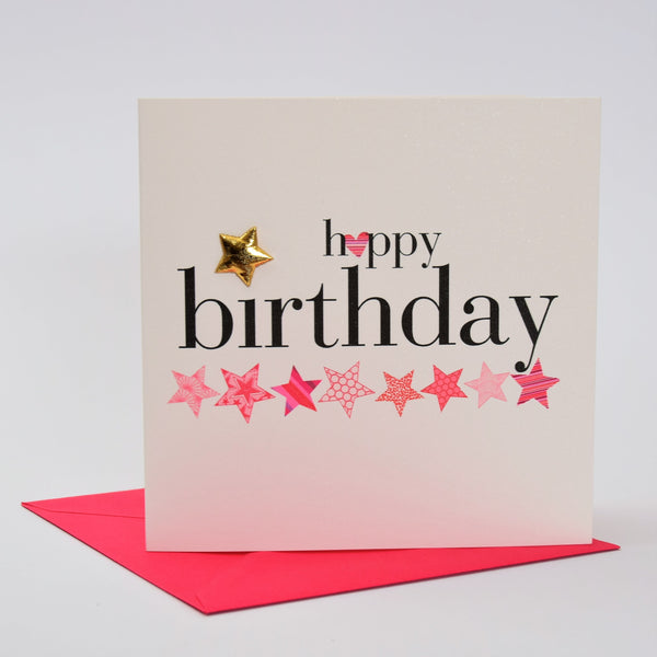 Birthday Card, Pink Stars, happy birthday, Embellished with a shiny padded star
