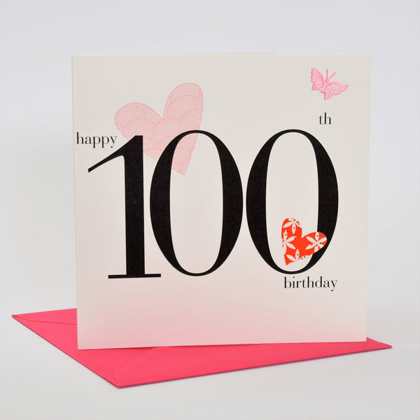 Birthday Card, Pink Hearts, Happy 100th Birthday, fabric butterfly Embellished