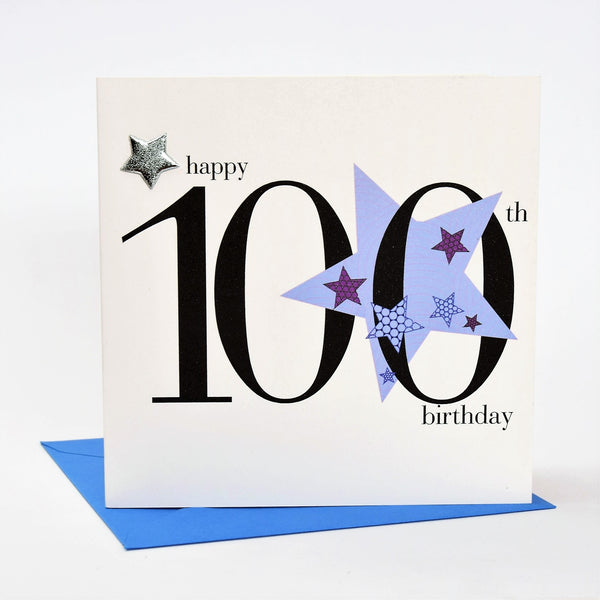Birthday Card, Blue Stars, Happy 100th Birthday, Embellished with a padded star