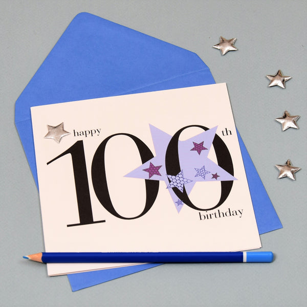 Birthday Card, Blue Stars, Happy 100th Birthday, Embellished with a padded star