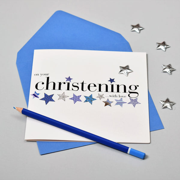 Baby Christening Card, Blue Stars, Embellished with a padded star