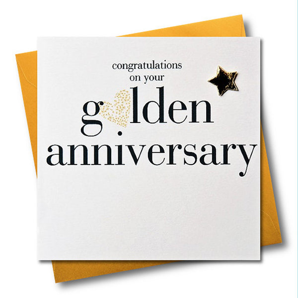 Golden Wedding Anniversary Card, Gold Heart, Embellished with a padded star