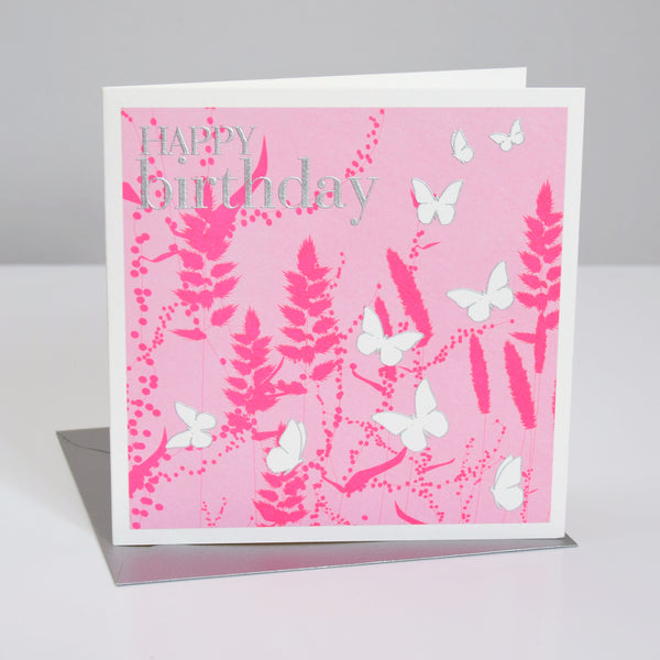 Birthday Card, Pink, Butterflies in grass, Embossed and Foiled text