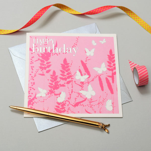 Birthday Card, Pink, Butterflies in grass, Embossed and Foiled text