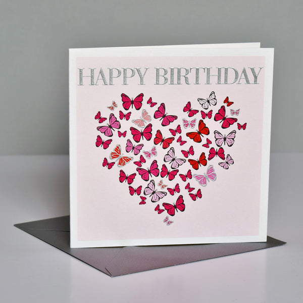 Birthday Card, Heart butterflies, Happy Birthday, Embossed and Foiled text