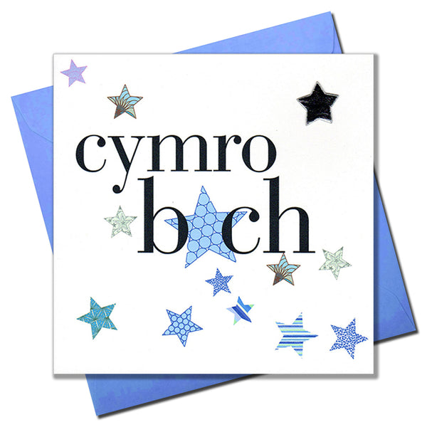 Welsh Baby Boy Card, Cymro Bach, Little Blue Stars, padded star embellished
