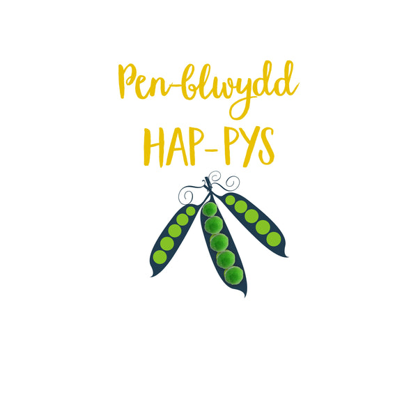 Welsh Birthday Card, Penblwydd Hapus, Pea Pods, Pompom Embellished