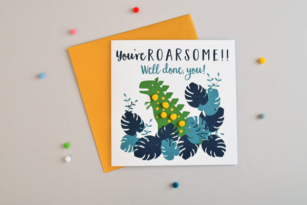 Congratulations Well Done Card, Dinosaur, Embellished with pompoms