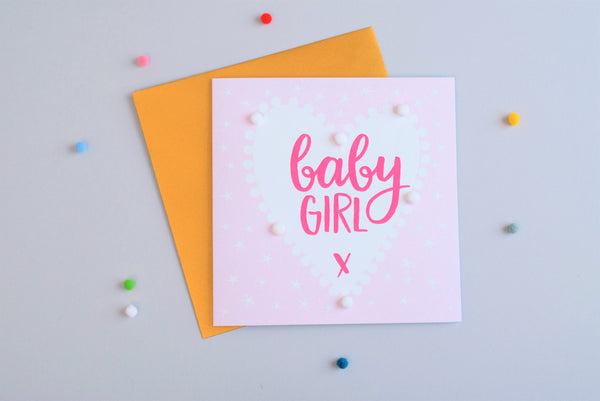 Baby Card, Pink Heart, Baby Girl, Embellished with colourful pompoms