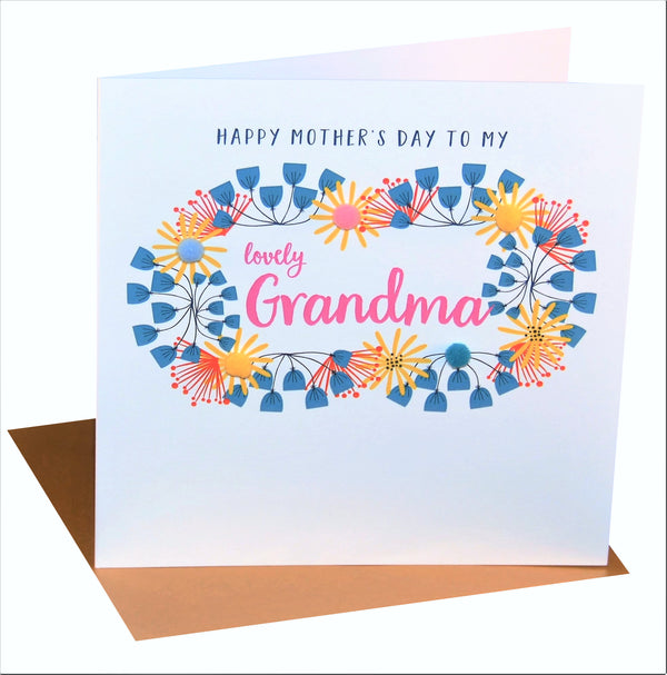 Mother's Day Card, Floral, Lovely Grandma, Embellished with colourful pompoms