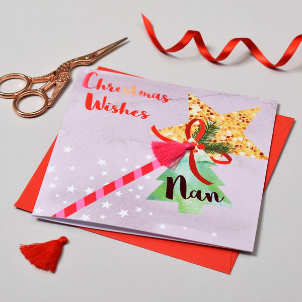 Christmas Card, Wand, Christmas Wishes, Nan, Embellished with a colourful tassel