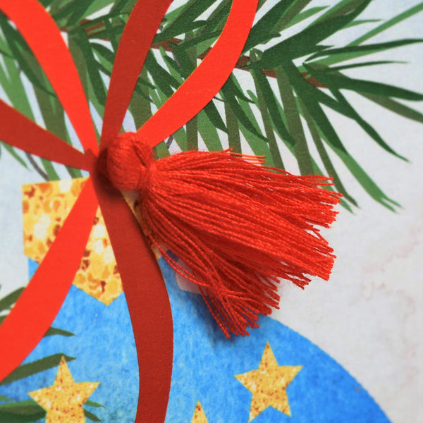 Christmas Card, Bauble and Pine, Season's Greetings, Tassel Embellished