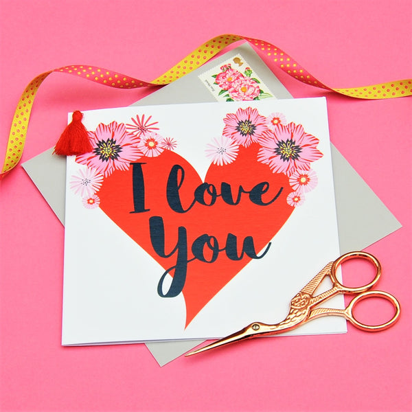 Valentine's Day Card, Big Heart, I Love You, Embellished with a colourful tassel