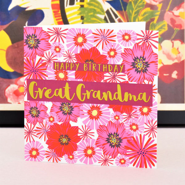 Birthday Card, Great Grandma Pink Flowers, text foiled in shiny gold