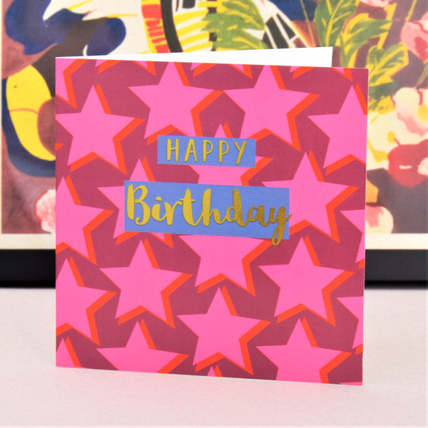 Birthday Card,  Dark Pink Stars, Happy Birthday, text foiled in shiny gold
