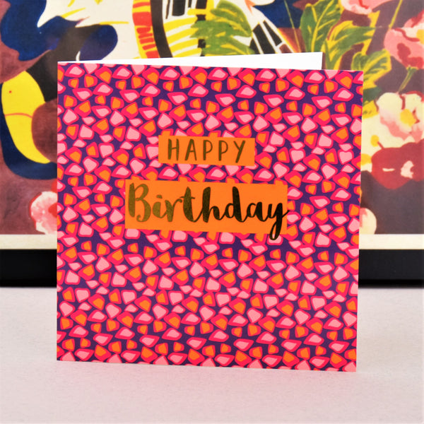 Birthday Card, Pink Shapes, Happy Birthday, text foiled in shiny gold