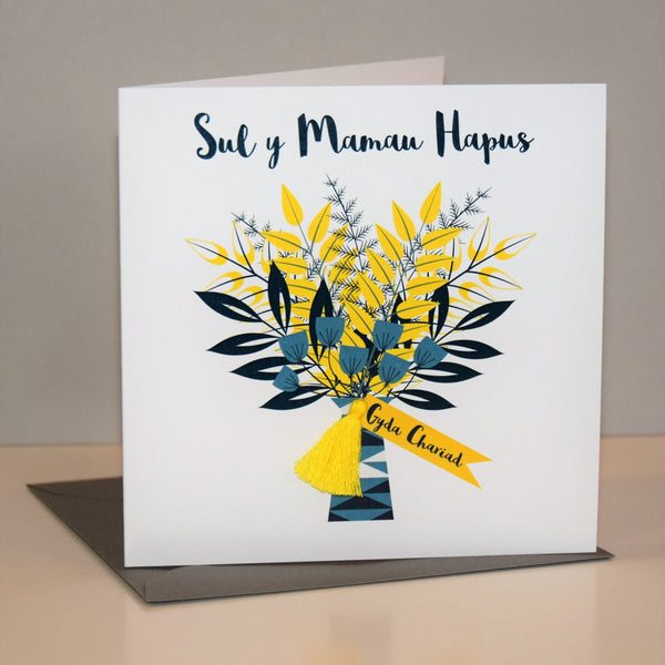 Welsh Mother's Day Card, Sul y Mamau Hapus, Flowers Bouquet, Tassel Embellished