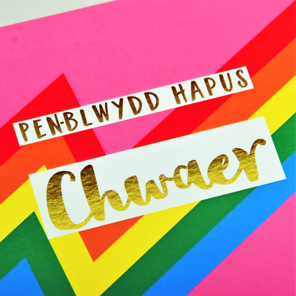 Welsh Birthday Card, Penblwydd Hapus Chwaer, Sister, text foiled in shiny gold