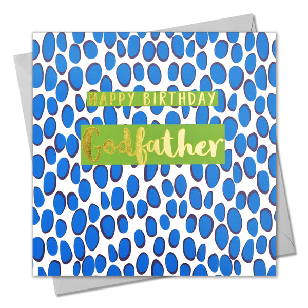 Birthday Card, Godfather Blue Dots, text foiled in shiny gold
