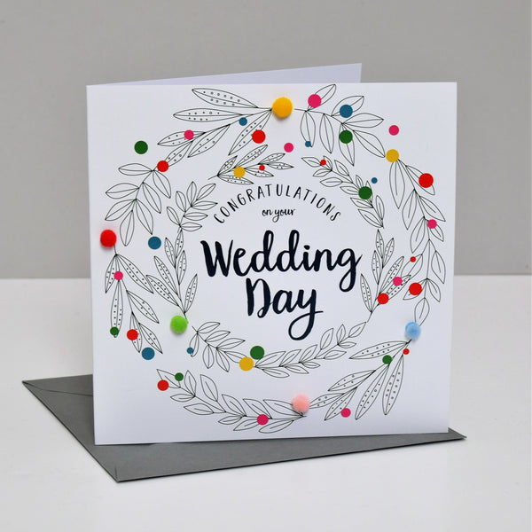 Wedding Card, Flowers, Congratulations, Embellished with colourful pompoms