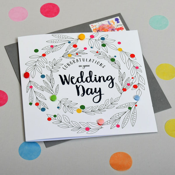 Wedding Card, Flowers, Congratulations, Embellished with colourful pompoms