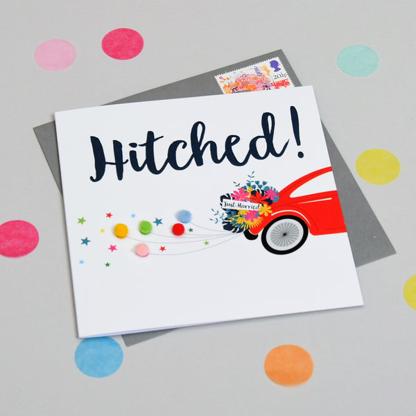 Wedding Card, Hitched! Car, Just Married, Embellished with colourful pompoms
