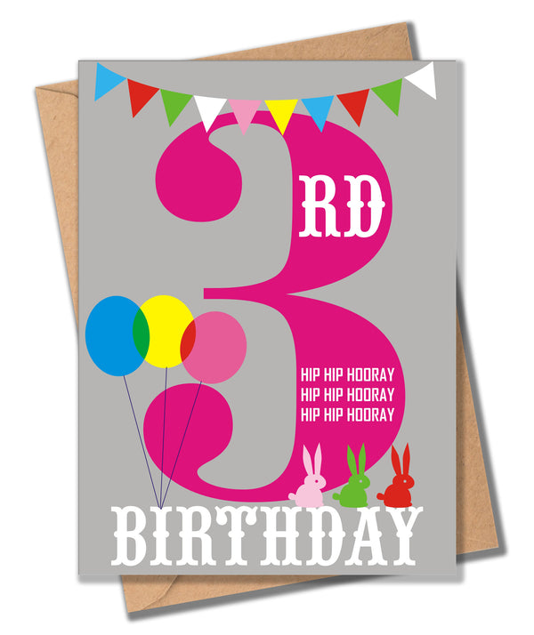 Birthday Card, Pink Age 3, 3rd Birthday, Hip Hip Hooray