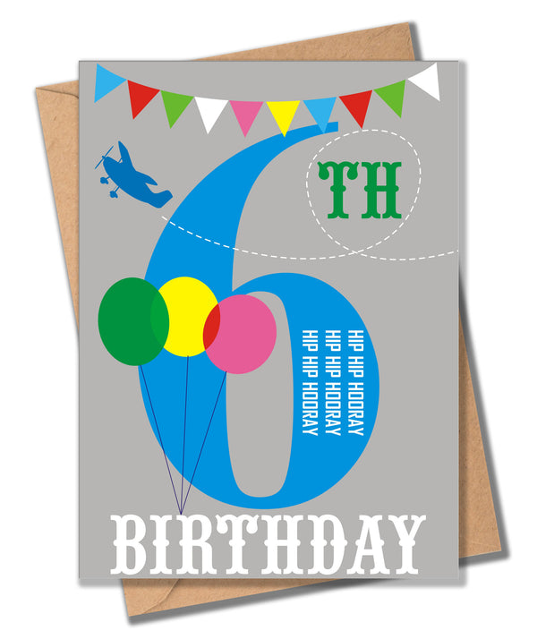 Birthday Card, Blue Age 6, 6th Birthday, Hip Hip Hooray