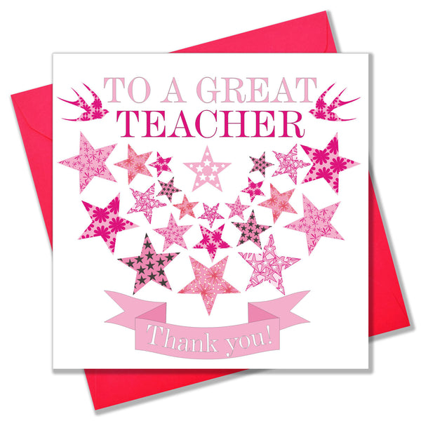 Thank You Card, Pink Stars, To a Great Teacher