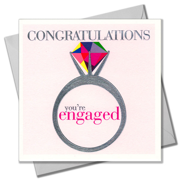 Wedding Card, Ring, Congratulations you're Engaged, Embossed and Foiled text