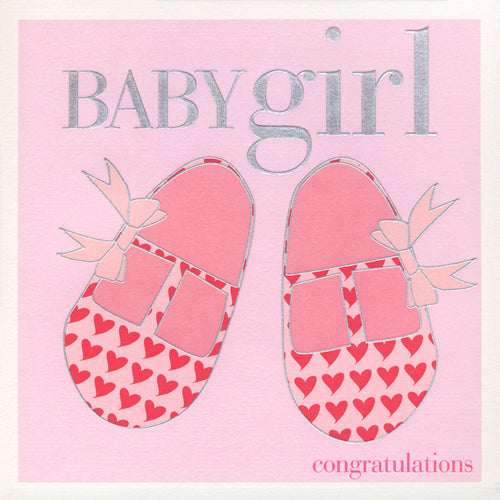 Baby Card, Pink Shoes, Baby Girl, Congratulations, Embossed and Foiled text