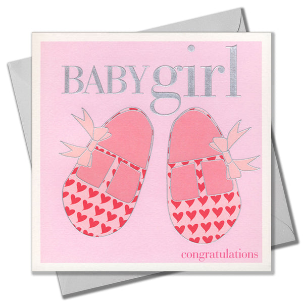 Baby Card, Pink Shoes, Baby Girl, Congratulations, Embossed and Foiled text