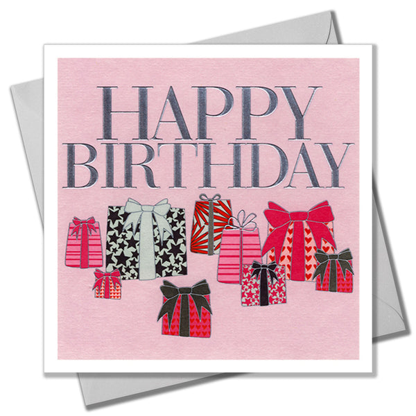Birthday Card, Pink presents, Happy Birthday, Embossed and Foiled text