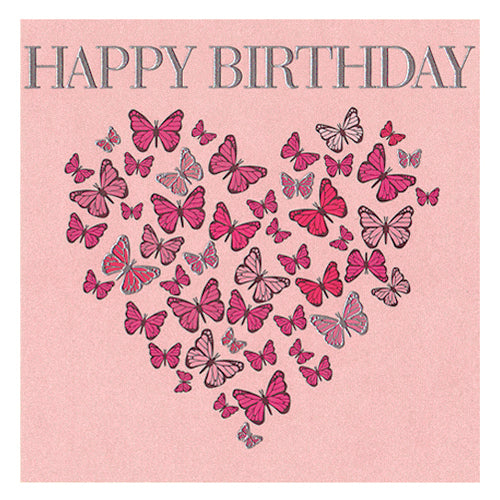 Birthday Card, Heart butterflies, Happy Birthday, Embossed and Foiled text