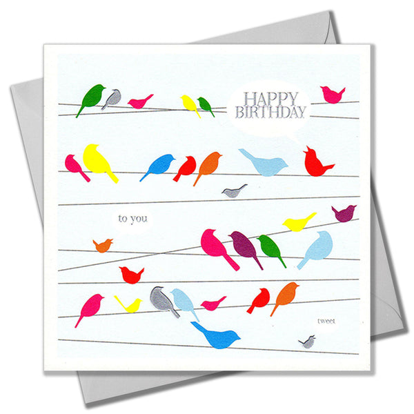 Birthday Card, Birds on wire, Happy Birthday, Embossed and Foiled text