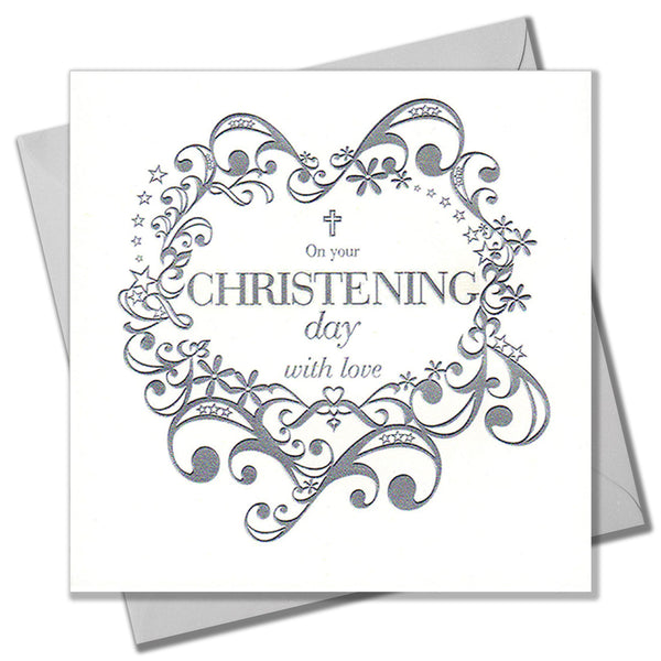 Baby Christening Card, Silver Scrolls, Baptism, Embossed and Foiled text