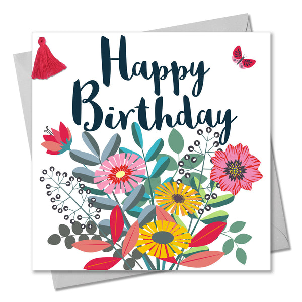 Birthday Card, Bouquet, Happy Birthday, Embellished with a colourful tassel