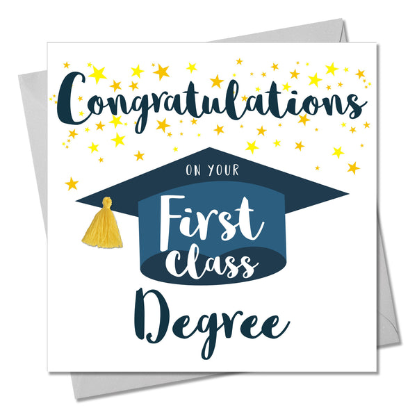 First Class Degree Congratulations Card, Embellished with a colourful tassel