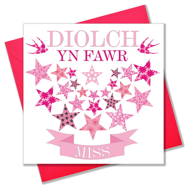 Welsh Thank You Card, Pink Stars, To a Great Teacher