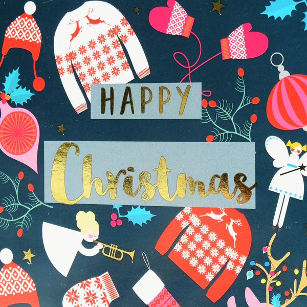 Christmas Card, Jumpers & Mittens, text foiled in shiny gold