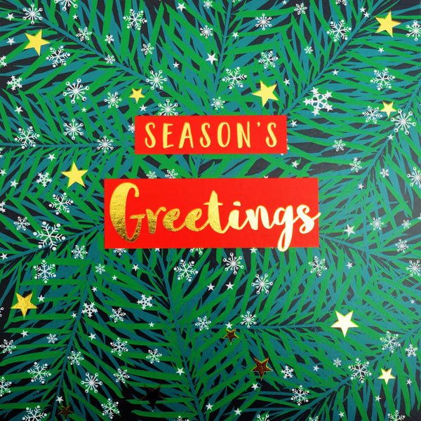 Christmas Card, Seasons Greetings Wreath, text foiled in shiny gold