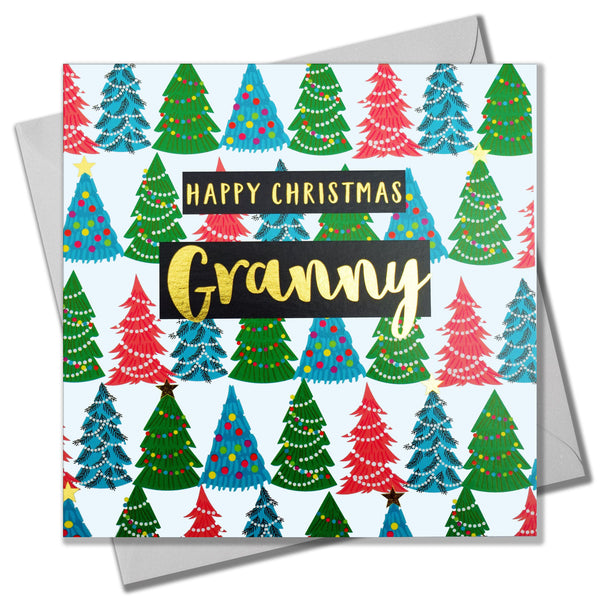 Christmas Card, Granny Christmas Trees, text foiled in shiny gold