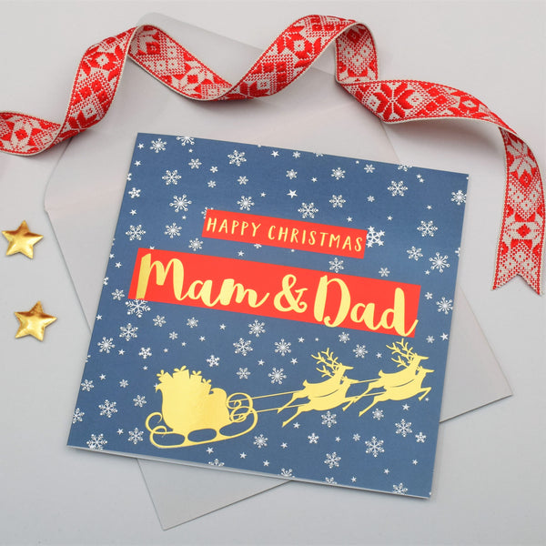 Christmas Card, Mam & Dad Sleigh & Snowflakes, text foiled in shiny gold