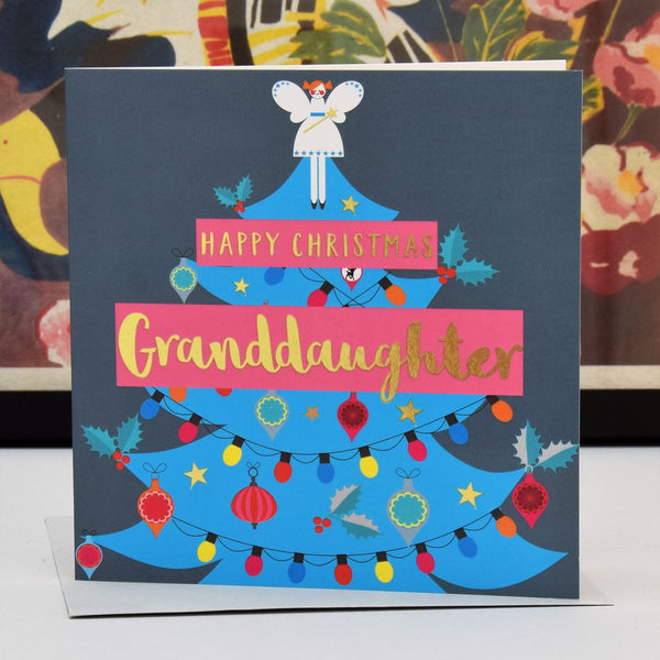 Christmas Card, Granddaughter Blue Tree & Fairy, text foiled in shiny gold