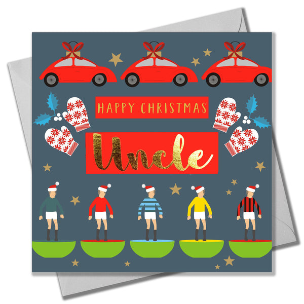 Christmas Card, Uncle Subuteo & Cars, text foiled in shiny gold